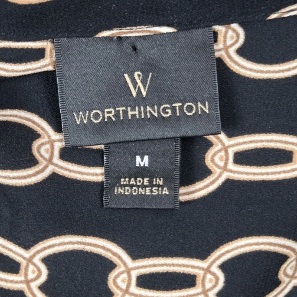 Worthington Black Gold Chain Print Button-Up Blouse Shirt Size M Long Sleeve - Picture 7 of 9